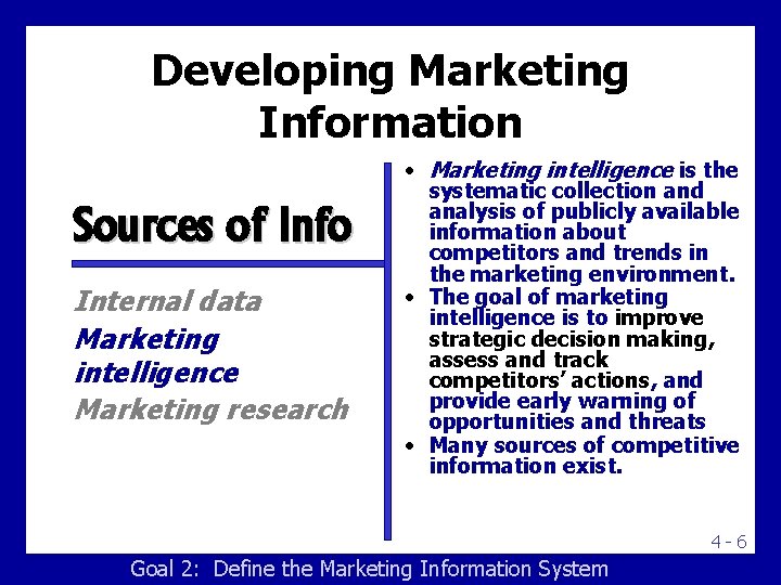 Developing Marketing Information Sources of Info Internal data Marketing intelligence Marketing research • Marketing