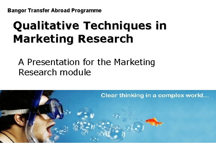 Bangor Transfer Abroad Programme Qualitative Techniques in Marketing Research A Presentation for the Marketing