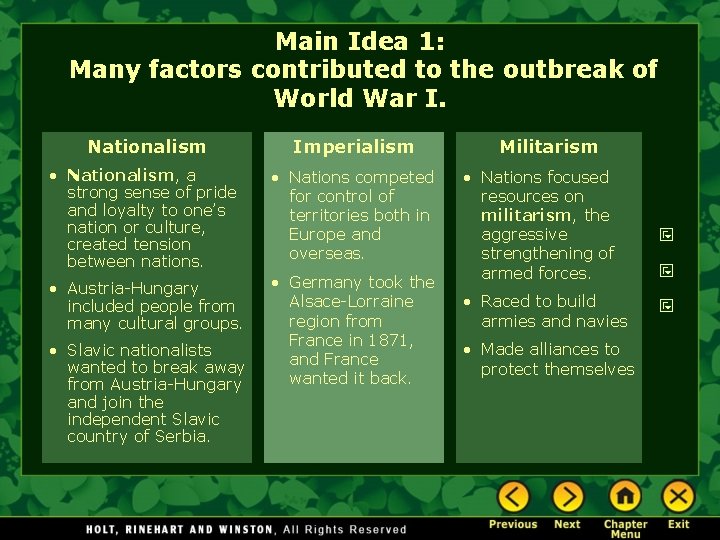 Main Idea 1: Many factors contributed to the outbreak of World War I. Nationalism