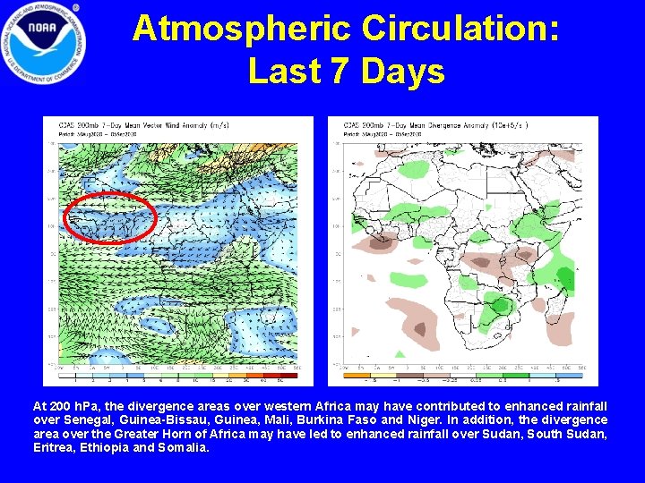 Atmospheric Circulation: Last 7 Days At 200 h. Pa, the divergence areas over western