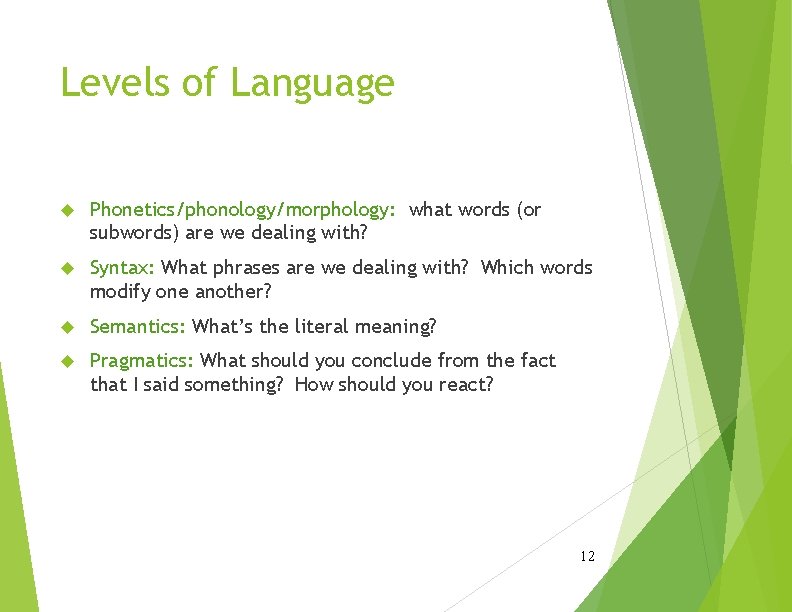 Levels of Language Phonetics/phonology/morphology: what words (or subwords) are we dealing with? Syntax: What Levels of Language Phonetics/phonology/morphology: what words (or subwords) are we dealing with? Syntax: What