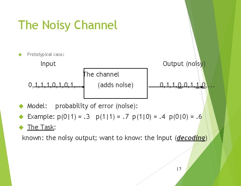 The Noisy Channel Prototypical case: Input Output (noisy) The channel 0, 1, 1, 1, The Noisy Channel Prototypical case: Input Output (noisy) The channel 0, 1, 1, 1,