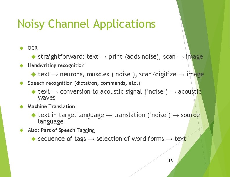 Noisy Channel Applications OCR Handwriting recognition text → conversion to acoustic signal (“noise”) → Noisy Channel Applications OCR Handwriting recognition text → conversion to acoustic signal (“noise”) →