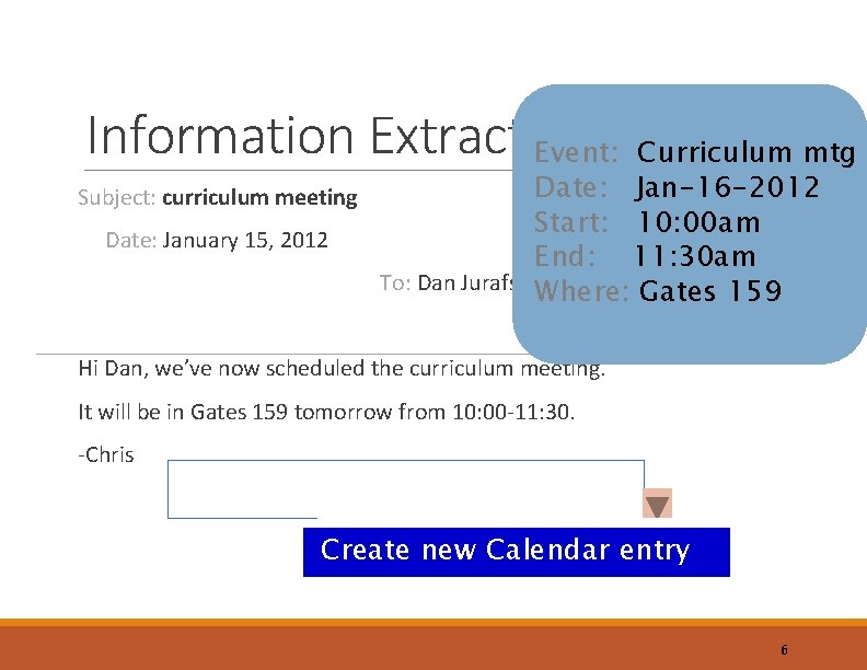 Information Extraction Event: Curriculum mtg Date: Jan-16 -2012 Subject: curriculum meeting Start: 10: 00 Information Extraction Event: Curriculum mtg Date: Jan-16 -2012 Subject: curriculum meeting Start: 10: 00