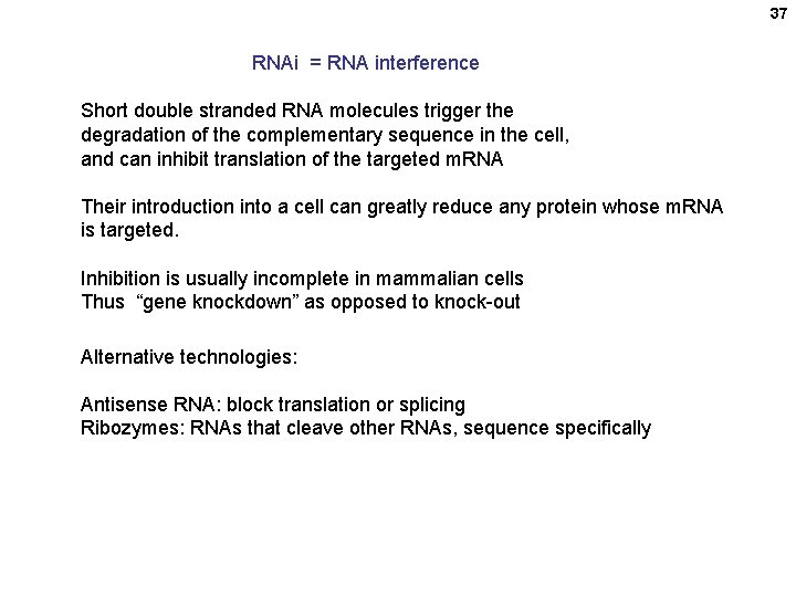 37 RNAi = RNA interference Short double stranded RNA molecules trigger the degradation of