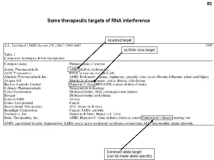 52 Some therapeutic targets of RNA interference localized target ss RNA virus target Dominant