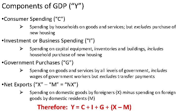 Components of GDP (“Y”) • Consumer Spending (“C”) Ø Spending by households on goods