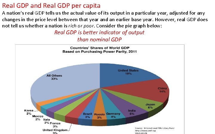 Real GDP and Real GDP per capita A nation’s real GDP tells us the