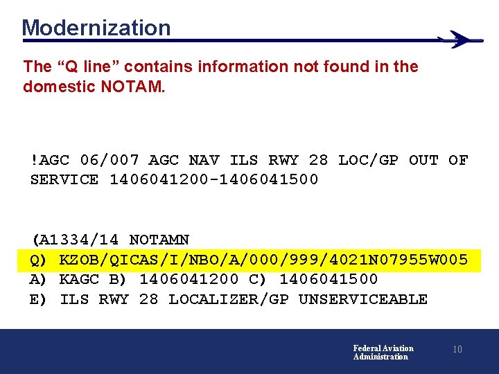 Modernization The “Q line” contains information not found in the domestic NOTAM. !AGC 06/007