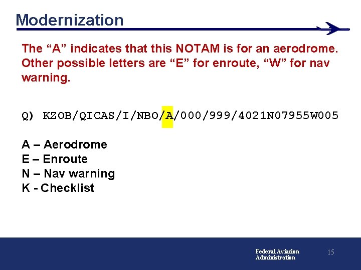 Modernization The “A” indicates that this NOTAM is for an aerodrome. Other possible letters