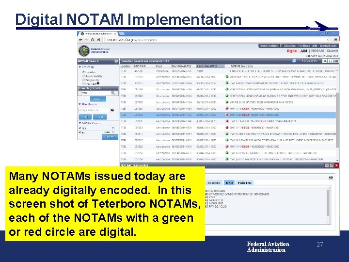 Digital NOTAM Implementation Many NOTAMs issued today are already digitally encoded. In this screen