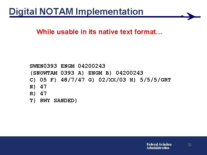 Digital NOTAM Implementation While usable in its native text format… SWEN 0393 ENGM 04200243