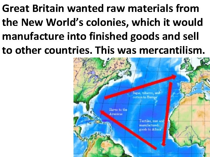 Great Britain wanted raw materials from the New World’s colonies, which it would manufacture
