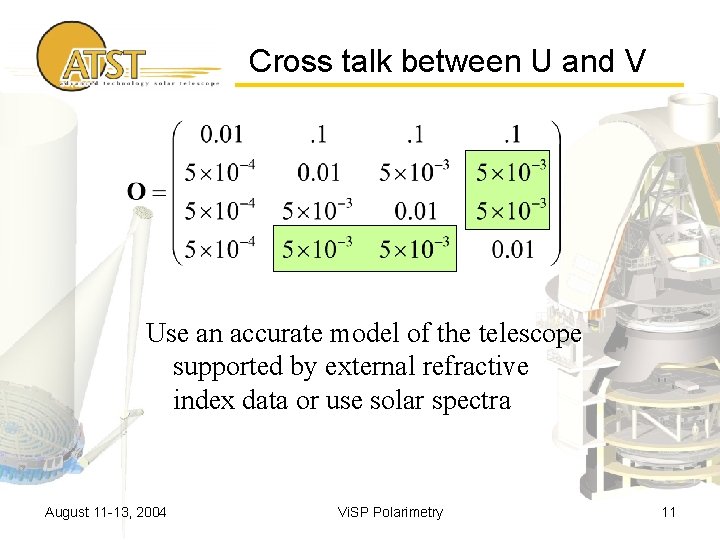Cross talk between U and V Use an accurate model of the telescope supported