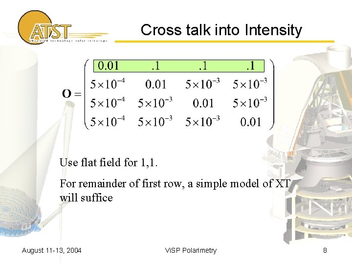 Cross talk into Intensity Use flat field for 1, 1. For remainder of first