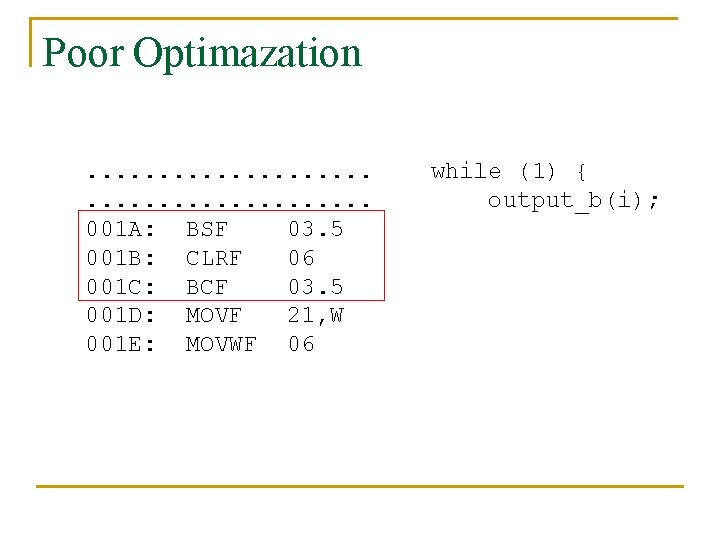 Poor Optimazation. . . . . 001 A: BSF 03. 5 001 B: CLRF