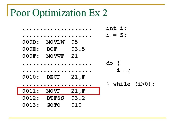 Poor Optimization Ex 2. . . . . 000 D: MOVLW 05 000 E: