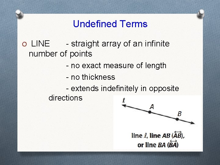 Undefined Terms O LINE - straight array of an infinite number of points -
