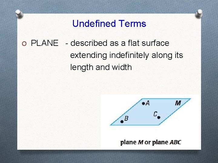 Undefined Terms O PLANE - described as a flat surface extending indefinitely along its