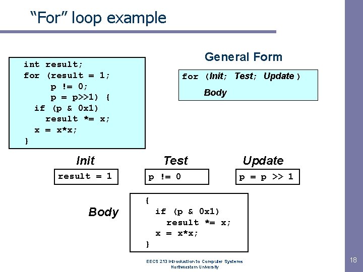 “For” loop example General Form int result; for (result = 1; p != 0; “For” loop example General Form int result; for (result = 1; p != 0;