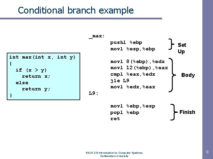 Conditional branch example _max: pushl %ebp movl %esp, %ebp int max(int x, int y) Conditional branch example _max: pushl %ebp movl %esp, %ebp int max(int x, int y)