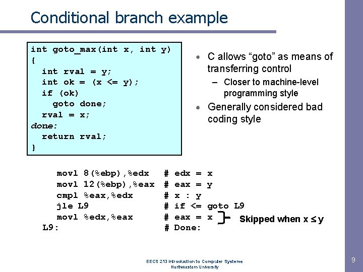 Conditional branch example int goto_max(int x, int y) { int rval = y; int Conditional branch example int goto_max(int x, int y) { int rval = y; int