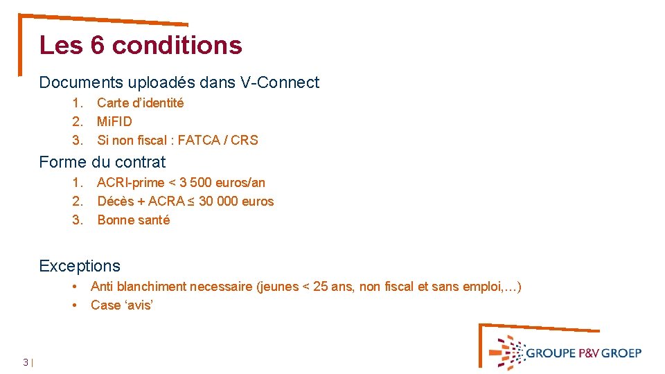 Les 6 conditions Documents uploadés dans V-Connect 1. 2. 3. Carte d’identité Mi. FID