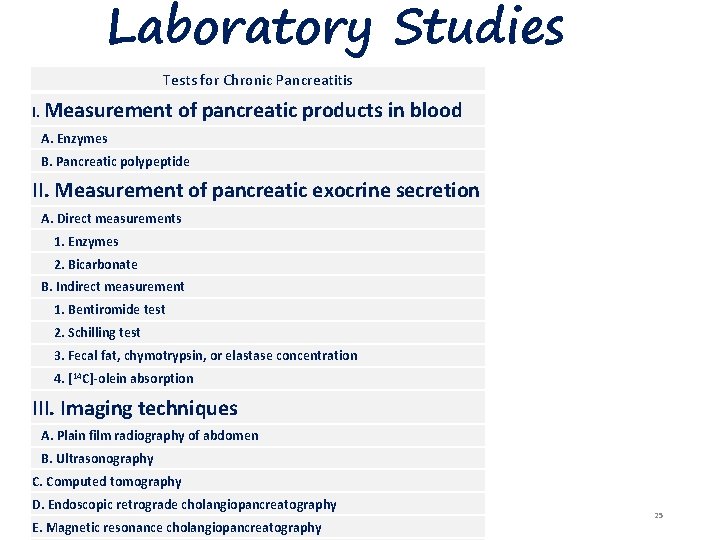 Laboratory Studies Tests for Chronic Pancreatitis I. Measurement of pancreatic products in blood A.
