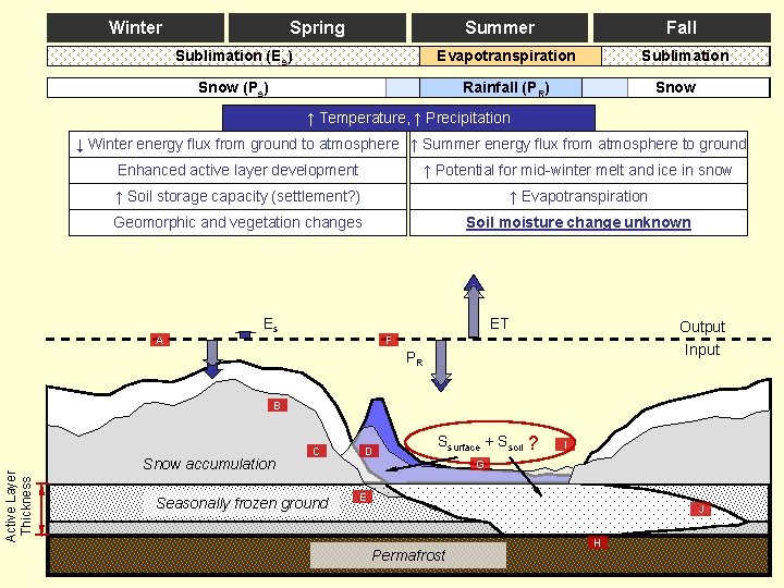 Winter Spring Summer Fall Sublimation (Es) Evapotranspiration Snow (Ps) Rainfall (PR) Sublimation Snow ↑ Winter Spring Summer Fall Sublimation (Es) Evapotranspiration Snow (Ps) Rainfall (PR) Sublimation Snow ↑