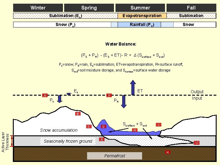 Winter Spring Summer Fall Sublimation (Es) Evapotranspiration Snow (Ps) Rainfall (PR) Sublimation Snow Water Winter Spring Summer Fall Sublimation (Es) Evapotranspiration Snow (Ps) Rainfall (PR) Sublimation Snow Water