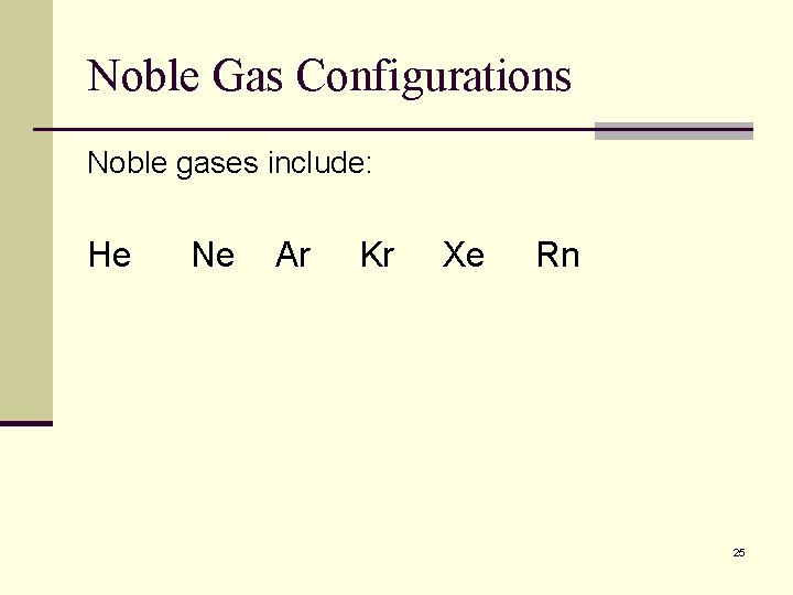 Noble Gas Configurations Noble gases include: He Ne Ar Kr Xe Rn 25 Noble Gas Configurations Noble gases include: He Ne Ar Kr Xe Rn 25