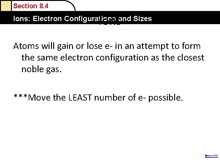 Section 8. 4 Ions: Electron Configurations and Sizes Atoms will gain or lose e- Section 8. 4 Ions: Electron Configurations and Sizes Atoms will gain or lose e-