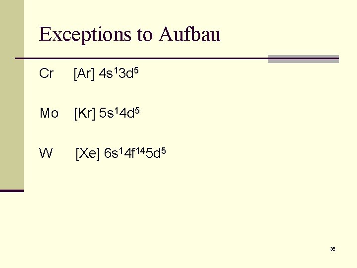 Exceptions to Aufbau Cr [Ar] 4 s 13 d 5 Mo [Kr] 5 s