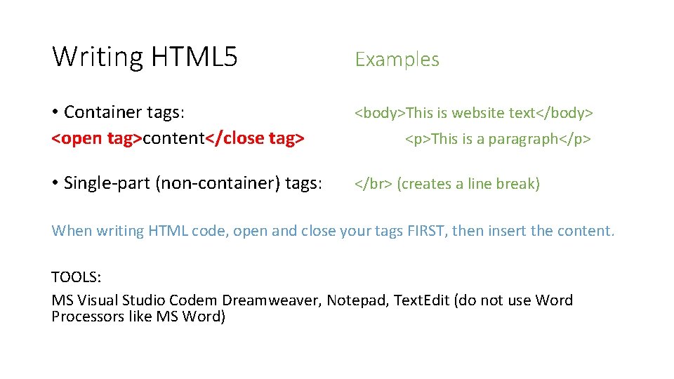 Writing HTML 5 Examples • Container tags: <open tag>content</close tag> <body>This is website text</body>