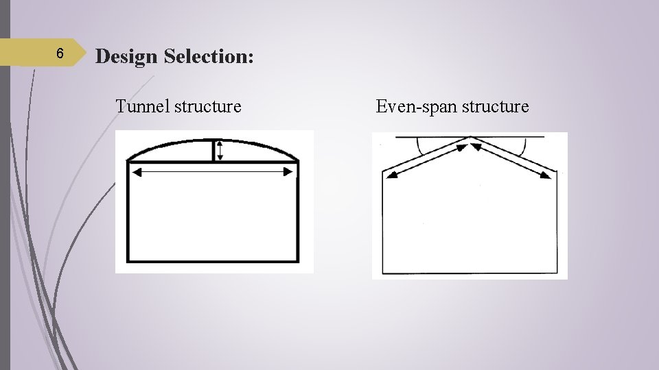 6 Design Selection: Tunnel structure Even-span structure 