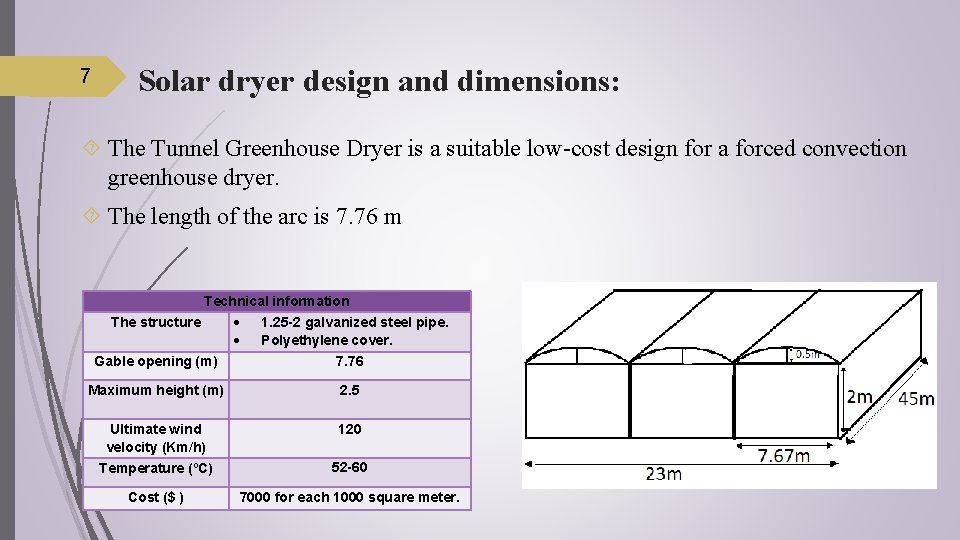 7 Solar dryer design and dimensions: The Tunnel Greenhouse Dryer is a suitable low-cost