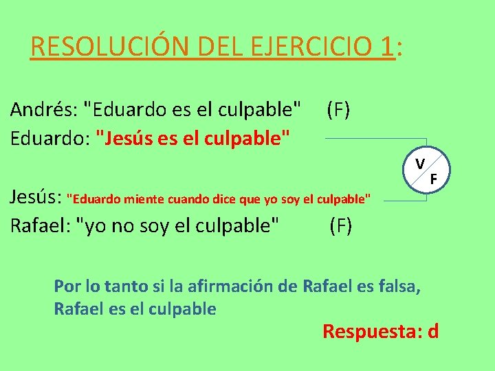 RESOLUCIÓN DEL EJERCICIO 1: Andrés: "Eduardo es el culpable" Eduardo: "Jesús es el culpable"