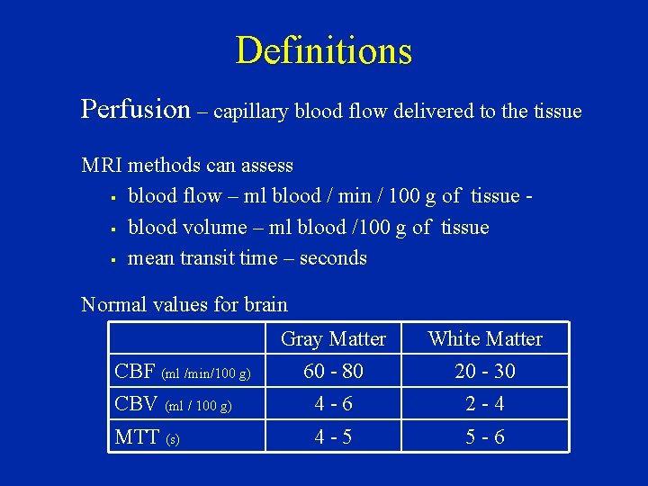 Definitions Perfusion – capillary blood flow delivered to the tissue MRI methods can assess