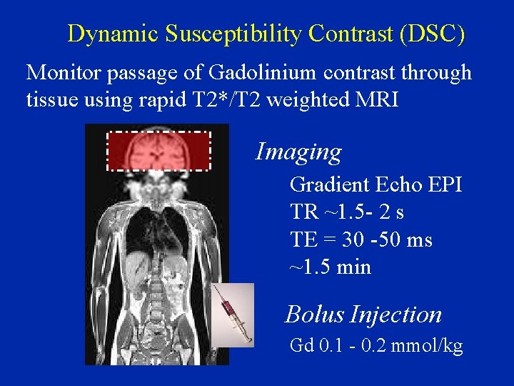 Dynamic Susceptibility Contrast (DSC) Monitor passage of Gadolinium contrast through tissue using rapid T