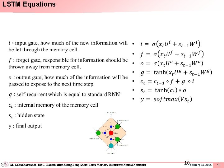 LSTM Equations • M. Golmohammadi: EEG Classification Using Long Short-Term Memory Recurrent Neural Networks