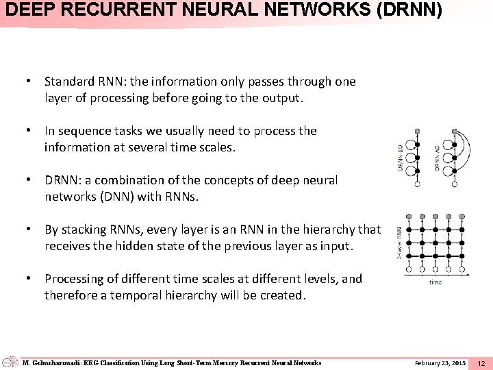 DEEP RECURRENT NEURAL NETWORKS (DRNN) • Standard RNN: the information only passes through one