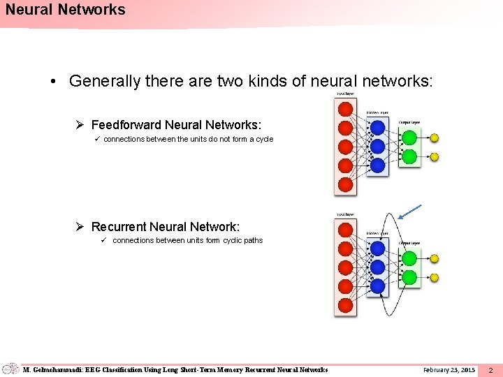 Neural Networks • Generally there are two kinds of neural networks: Ø Feedforward Neural