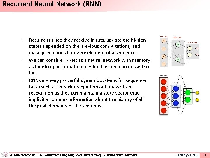 Recurrent Neural Network (RNN) • • • Recurrent since they receive inputs, update the