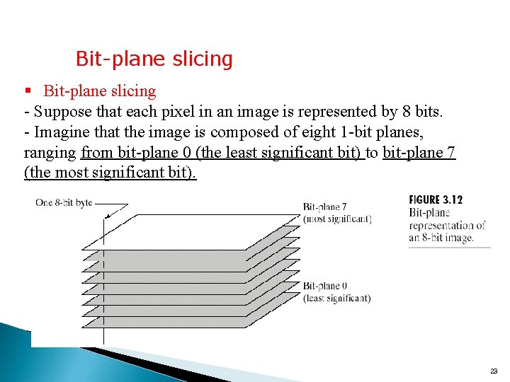 Bit-plane slicing § Bit-plane slicing - Suppose that each pixel in an image is