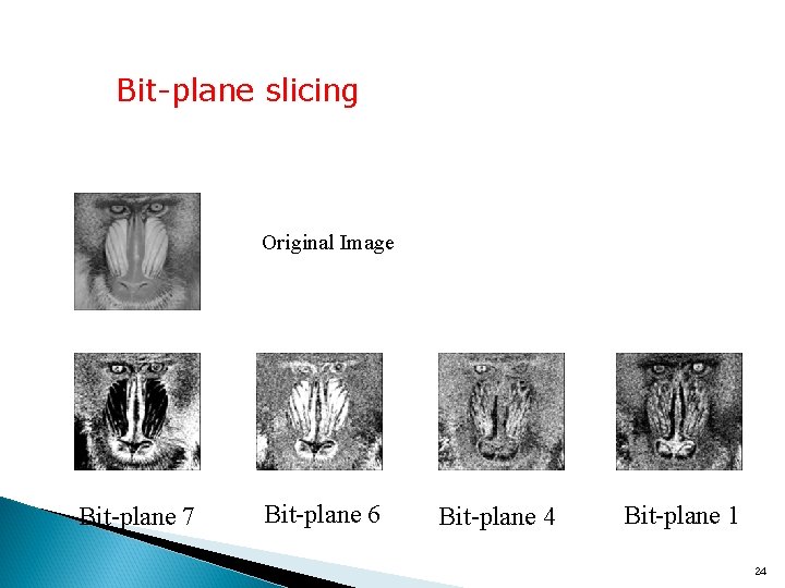 Bit-plane slicing Original Image Bit-plane 7 Bit-plane 6 Bit-plane 4 Bit-plane 1 24 