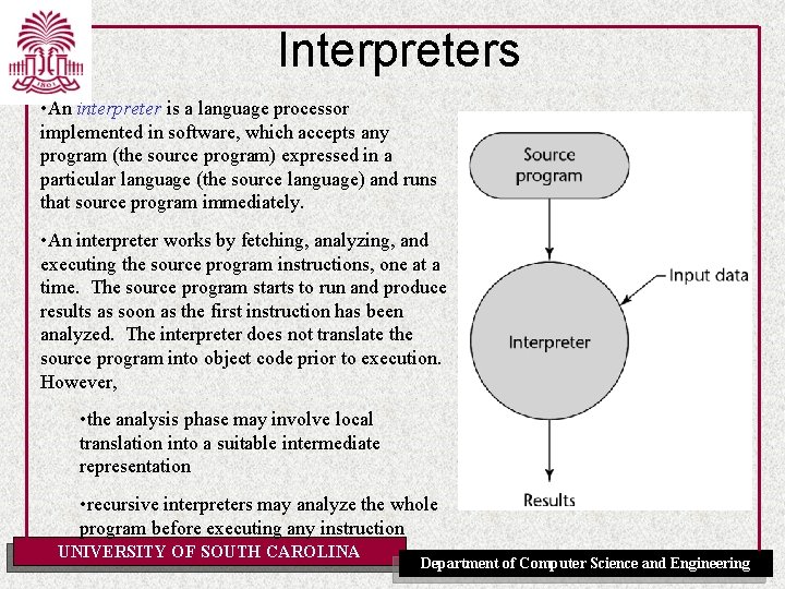 Interpreters • An interpreter is a language processor implemented in software, which accepts any