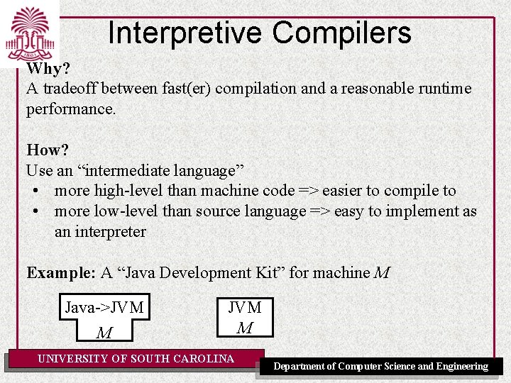 Interpretive Compilers Why? A tradeoff between fast(er) compilation and a reasonable runtime performance. How?