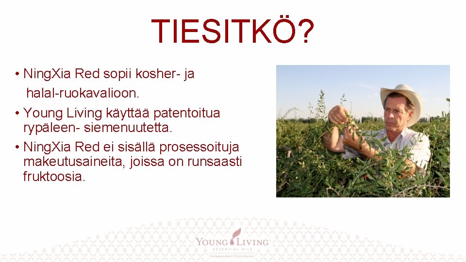 TIESITKÖ? • Ning. Xia Red sopii kosher- ja halal-ruokavalioon. • Young Living käyttää patentoitua