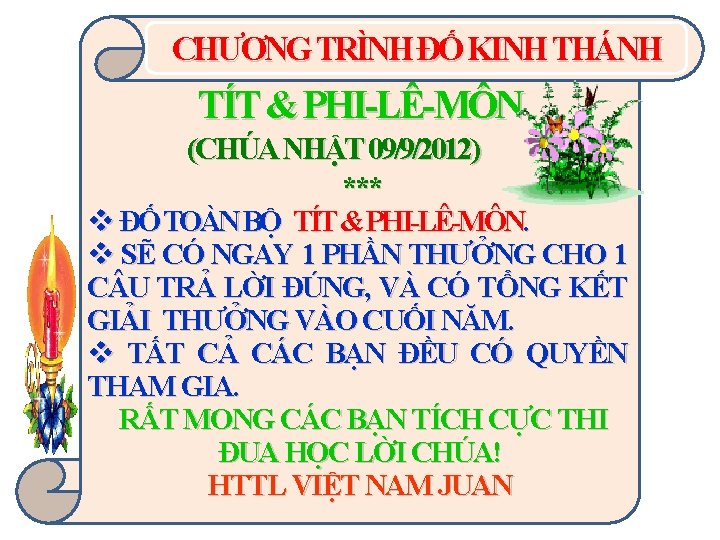 CHƯƠNG TRÌNH ĐỐ KINH THÁNH TÍT & PHI-LÊ-MÔN (CHÚA NHẬT 09/9/2012) *** v ĐỐ