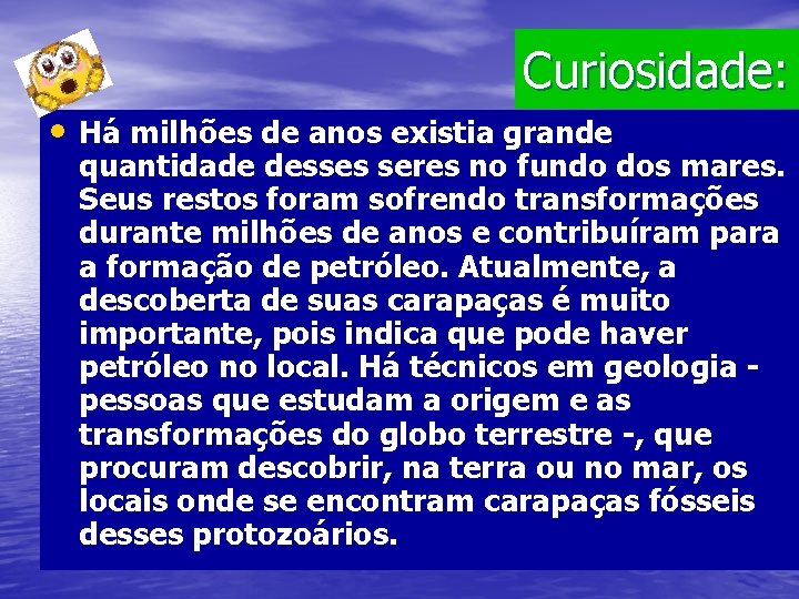 Curiosidade: • Há milhões de anos existia grande quantidade desses seres no fundo dos